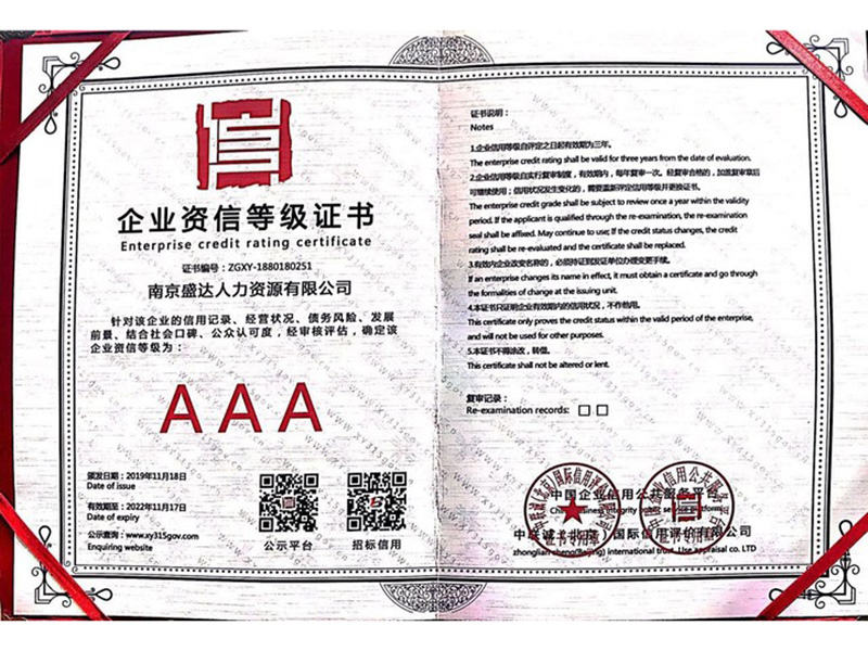 企業資(zī)信等級證書(shū)AAA